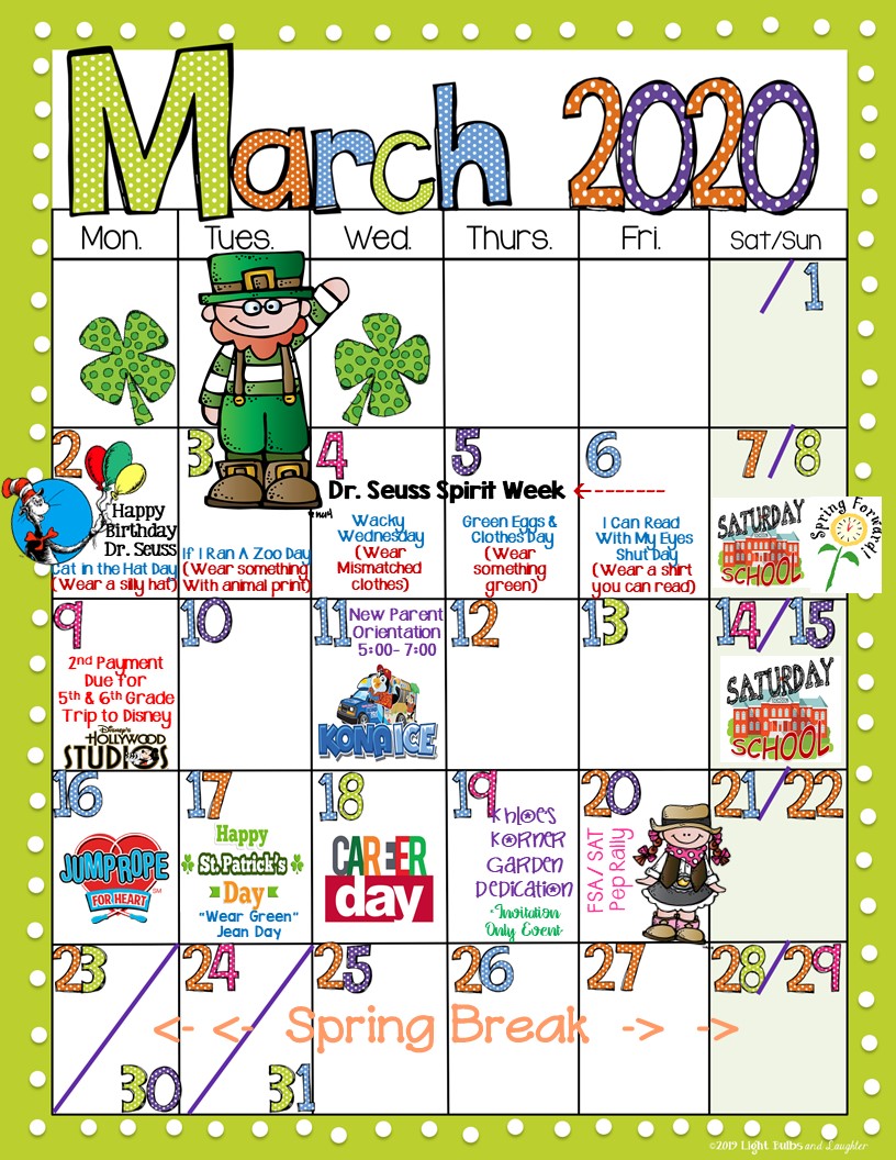 Our March calendar is her and we are ready for a fun filled month of